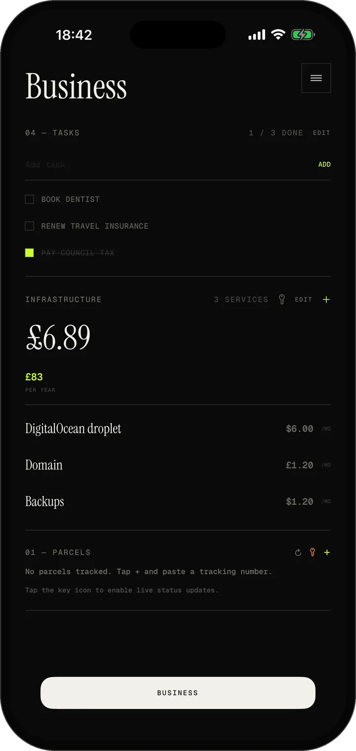 Kassi's Business page: tasks and infrastructure costs